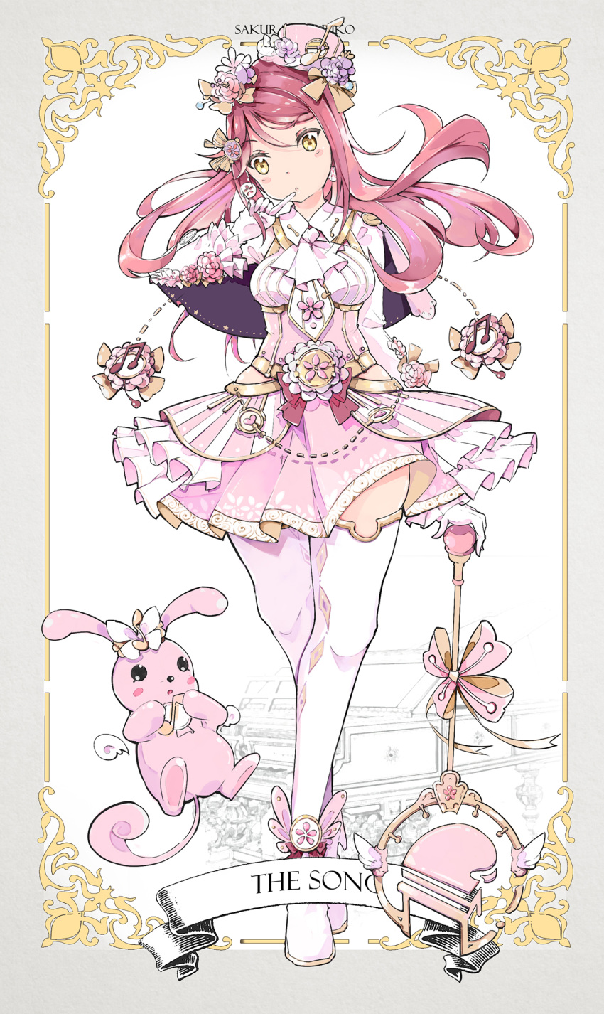 ankle_wings ascot bad_id bad_pixiv_id belt blush_stickers border bow capelet cardcaptor_sakura character_name creature dress earrings english finger_to_mouth flower frilled_sleeves frills full_body gloves grey_border hair_bow hair_flower hair_ornament hat head_tilt highres instrument jewelry long_hair long_sleeves love_live! love_live!_sunshine!! musical_note neckerchief overskirt piano pink_dress pink_hat qianqian red_eyes sakurauchi_riko solo song_(clow_card) staff thighhighs white_gloves white_legwear white_neckwear yellow_eyes