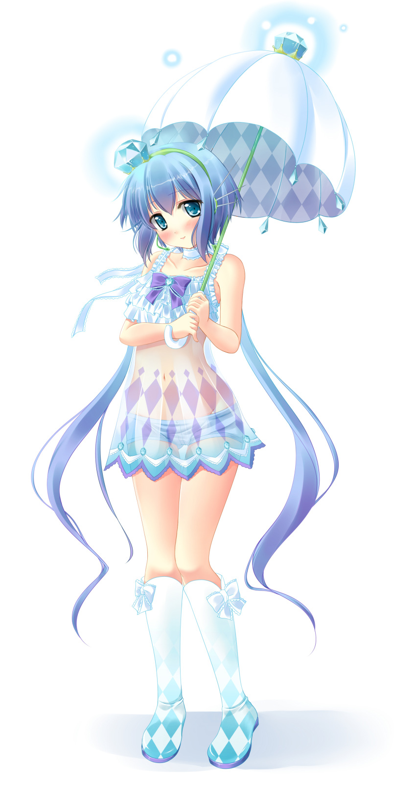 absurdly_long_hair absurdres aoki_lapis blue_eyes blue_hair blush boots closed_mouth collarbone eyebrows_visible_through_hair full_body highres holding holding_umbrella ifnil knee_boots long_hair looking_at_viewer navel see-through simple_background smile solo twintails umbrella very_long_hair vocaloid white_background white_footwear