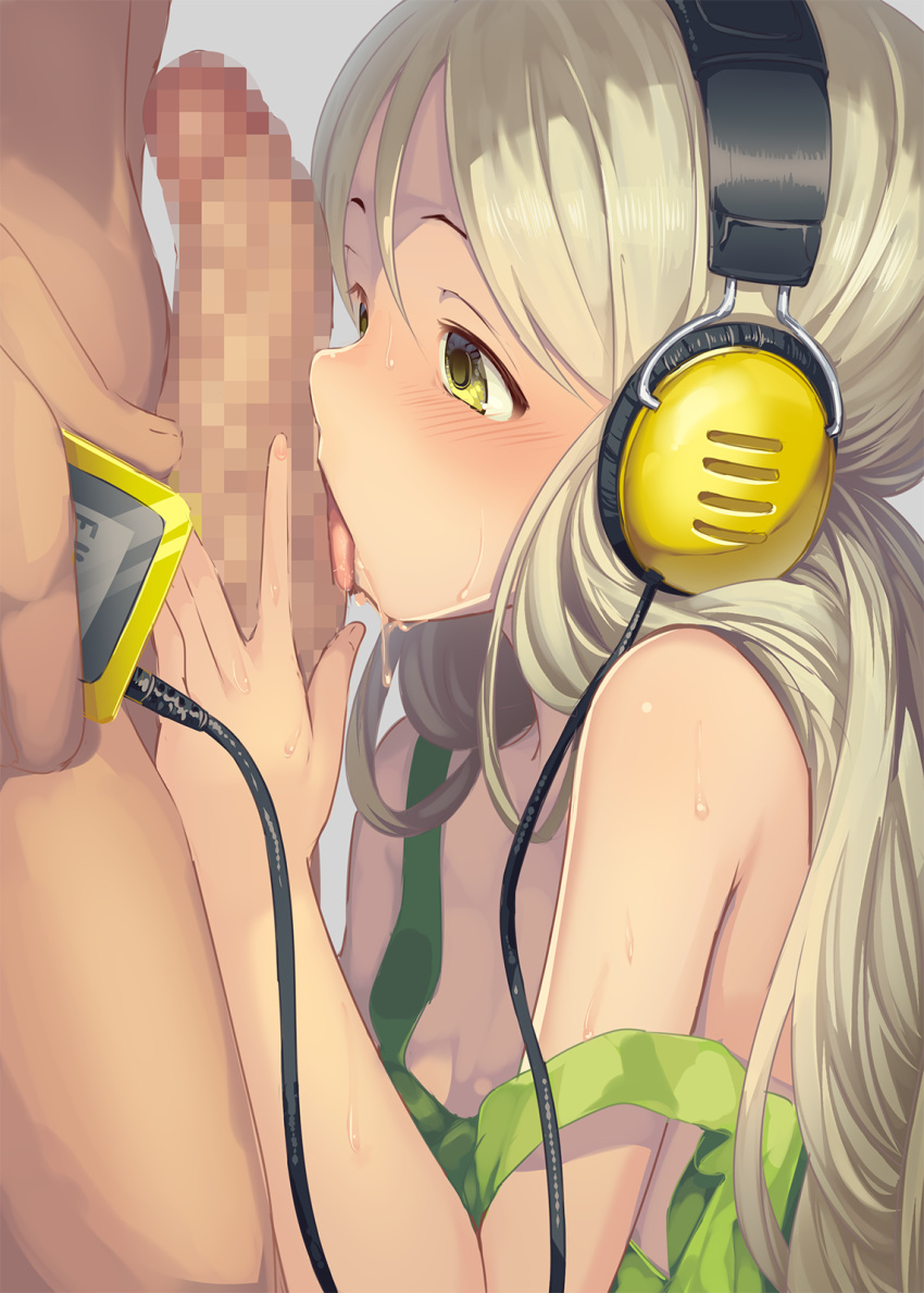 1girl bare_shoulders blonde_hair blush censored clothed_female_nude_male commentary_request erection fellatio from_side hair_between_eyes handa_roko headphones hetero highres holding idolmaster idolmaster_million_live! licking_penis long_hair mosaic_censoring nude oral penis profile sweat tongue tongue_out yellow_eyes yoshika_(music480069)