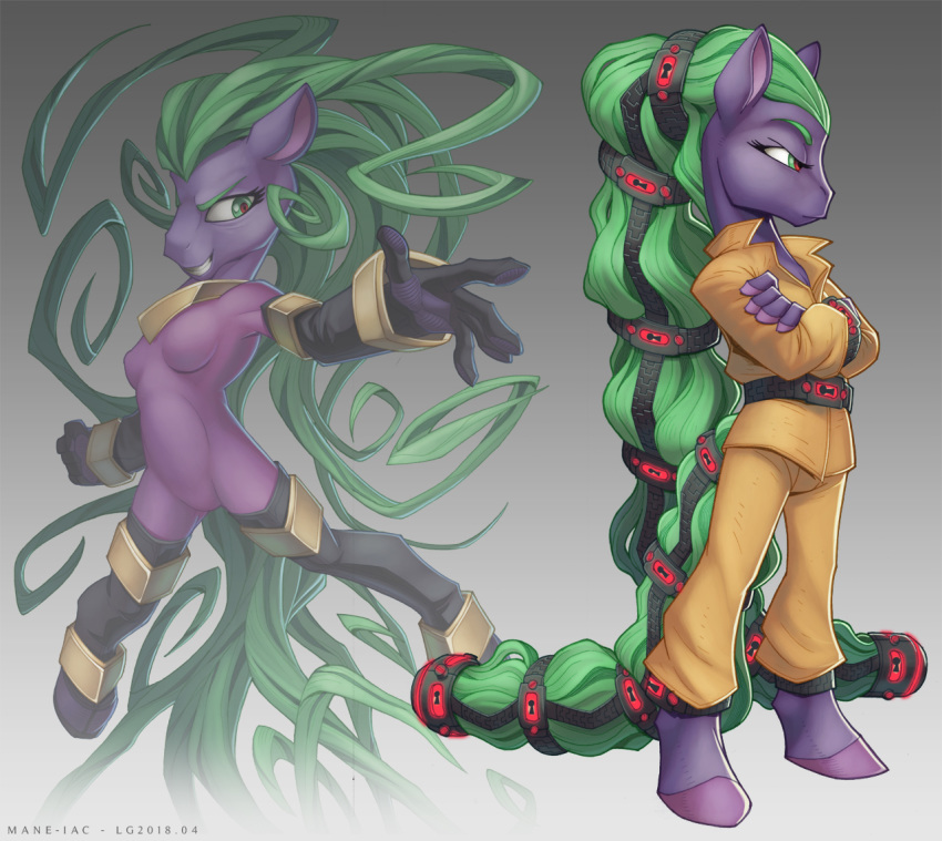 2018 anthro anthrofied clothing equine female friendship_is_magic green_eyes green_hair hair horse lock long_hair loupgarou mammal mane-iac_(mlp) my_little_pony pony prison_uniform prisoner red_eyes skinsuit tight_clothing