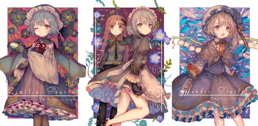 blonde_hair blue_hair braids brown_eyes brown_hair cape cha_goma dress drink flandre_scarlet flowers gloves goth-loli gray_hair headdress hong_meiling izayoi_sakuya lolita_fashion long_hair maid orange_eyes pantyhose ponytail remilia_scarlet ribbons short_hair touhou vampire wings wink