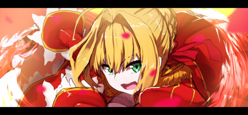 :d absurdres aestus_estus bangs blonde_hair braid commentary_request dress epaulettes eyebrows_visible_through_hair fate/extra fate_(series) green_eyes hair_between_eyes hair_bun hair_intakes hair_ribbon highres holding holding_sword holding_weapon juliet_sleeves long_sleeves looking_at_viewer nero_claudius_(fate) nero_claudius_(fate)_(all) open_mouth protected_link puffy_sleeves red_dress red_ribbon ribbon smile solo sword upper_teeth v-shaped_eyebrows wada_kazu weapon wide_sleeves