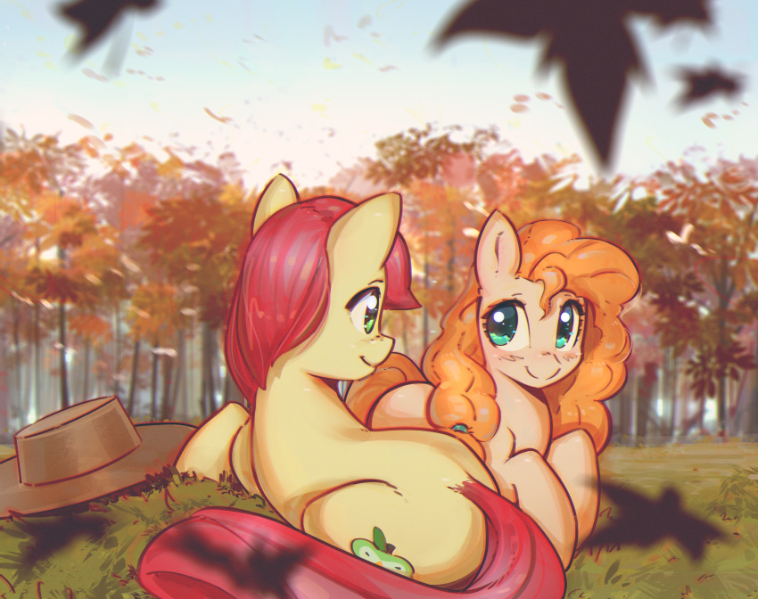 2017 blush bright_mac_(mlp) cute cutie_mark duo earth_pony equine female forest friendship_is_magic grass green_eyes hair happy hat horse leaves love lying male mammal mirroredsea my_little_pony orange_hair outside pear_butter_(mlp) pony red_hair smile teal_eyes tree