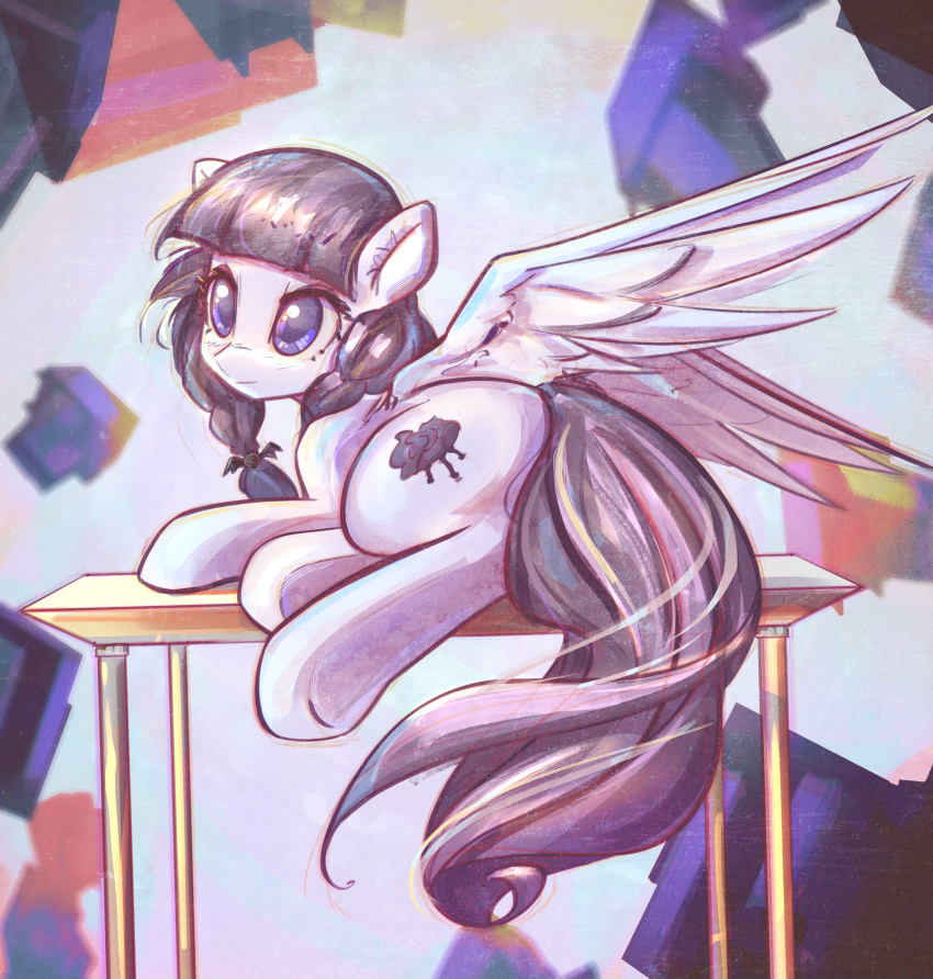 2017 abstract_background blue_eyes braided_hair cutie_mark equine feathered_wings feathers female feral friendship_is_magic goth hair inky_rose_(mlp) looking_back mammal mirroredsea my_little_pony pegasus pigtails simple_background wings