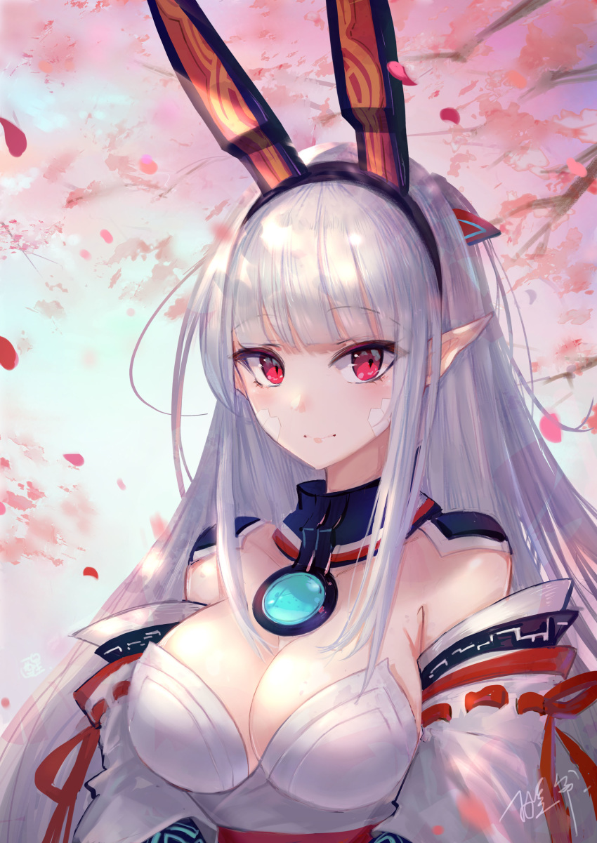 absurdres aura_kingdom bare_shoulders blush breasts cherry_blossoms cleavage closed_mouth commentary_request day highres kotonoha_(aura_kingdom) large_breasts long_hair looking_at_viewer nontraditional_miko outdoors petals pointy_ears red_eyes ribbon-trimmed_sleeves ribbon_trim smile solo tsurime upper_body white_hair xing
