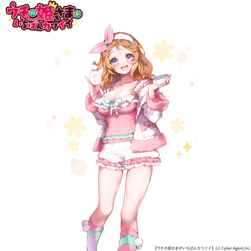 :d absurdres blonde_hair bow breasts cleavage copyright_name frills hairband highres kanola_u kneehighs large_breasts looking_at_viewer makeup official_art open_mouth pajamas pink_bow pocket purple_eyes smile standing striped striped_legwear uchi_no_hime-sama_ga_ichiban_kawaii watermark