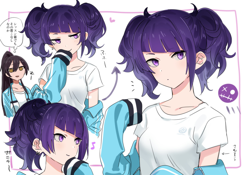 bangs black_hair blue_jacket brown_eyes commentary_request diagonal_bangs heart idolmaster idolmaster_shiny_colors jacket long_hair looking_at_another looking_at_viewer multiple_girls musical_note ponytail purple_eyes purple_hair shirase_sakuya shirt short_sleeves simple_background smile t-shirt tanaka_mamimi thought_bubble track_jacket translation_request twintails white_shirt yomosaka
