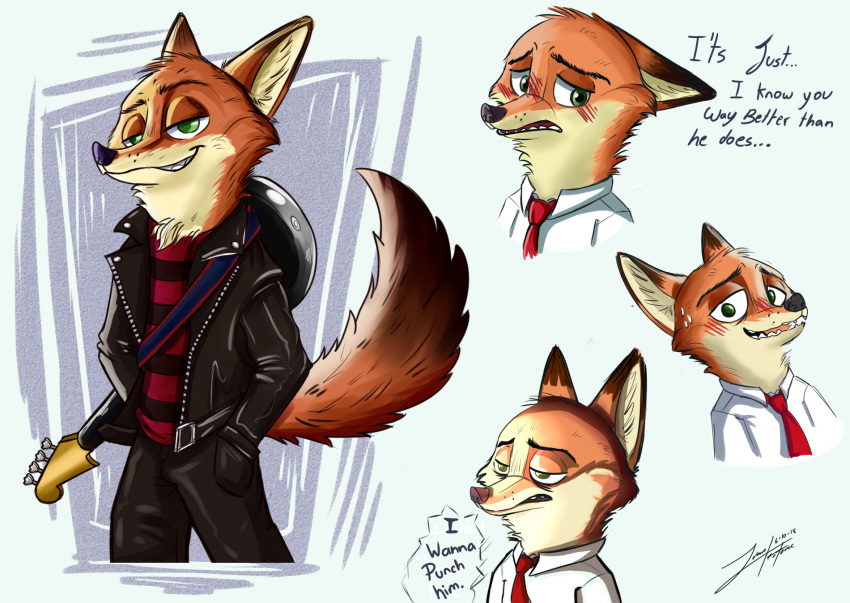 2018 aggressive_retsuko anthro bass canine clothed clothing crossover digital_media_(artwork) disney fox green_eyes jacket juantriforce042 leather leather_jacket male mammal musical_instrument necktie nick_wilde pants simple_background solo text zootopia