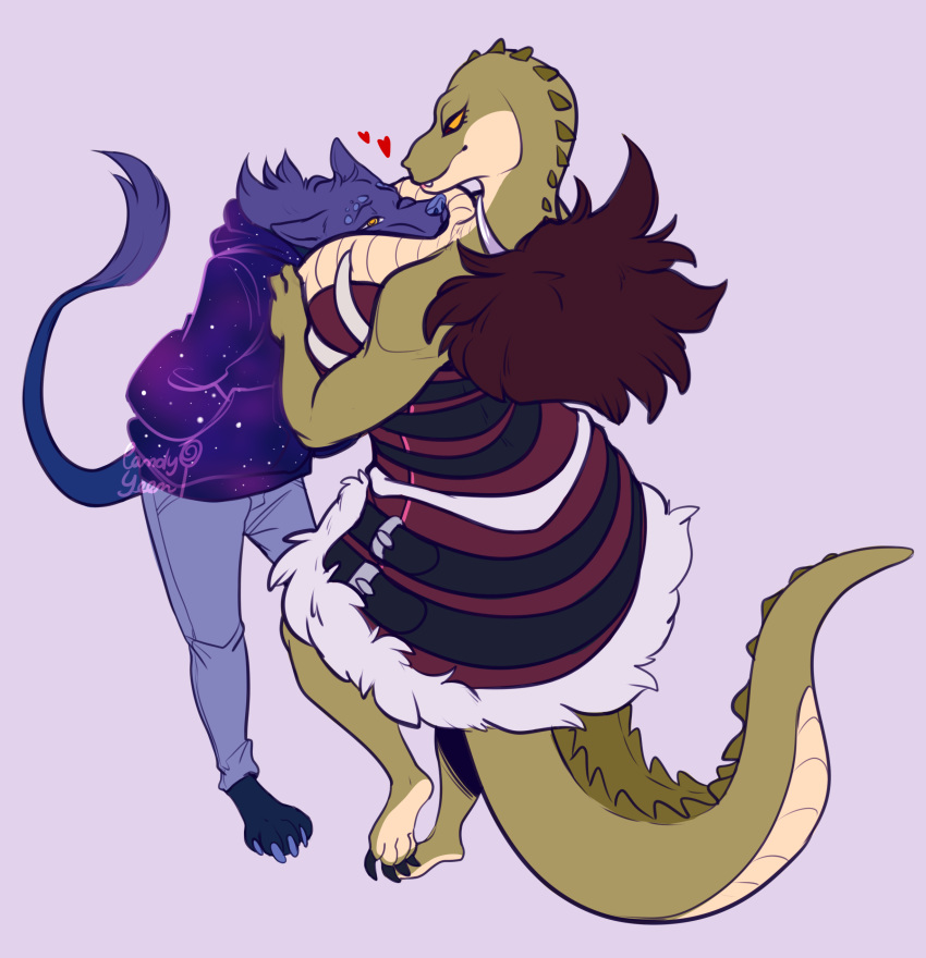 &lt;3 adelaida anthro between_breasts big_breasts blue_fur breasts candy.yeen canine cleavage clothed clothing crocodile crocodilian dragon female fur gulf hoodie hybrid male male/female mammal one_eye_closed reptile scalie standing wink wolf