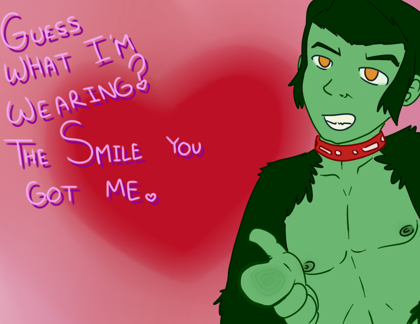 bare_chest beast_boy clothed clothing collar colored_lines cyndiquill200 flirting garfield_logan green_skin holidays humanoid orange_eyes pointing smile topless valentine's_day young_justice