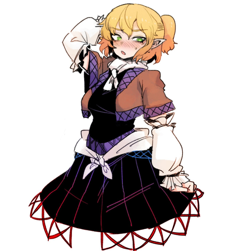 blush commentary detached_sleeves green_eyes highres mizuhashi_parsee no_legs pigeoncrow pointy_ears scratching_head short_hair solo touhou