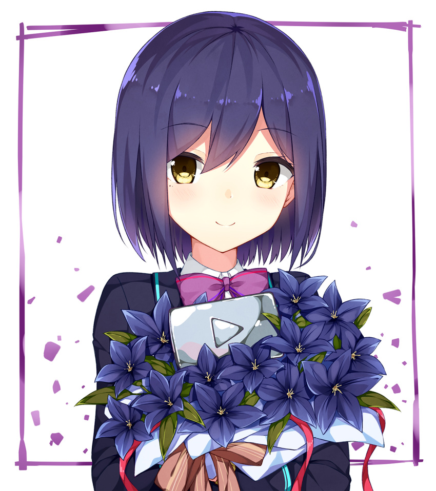 bangs blazer blue_flower blue_hair blue_jacket blush border bow bowtie closed_mouth commentary eyebrows_visible_through_hair flower flower_request hair_between_eyes highres jacket long_sleeves looking_at_viewer mole mole_under_eye nijisanji outside_border plaque play_button purple_border purple_neckwear school_uniform shizuka_rin short_hair simple_background smile solo taiyaki_(astre) upper_body virtual_youtuber white_background yellow_eyes youtube