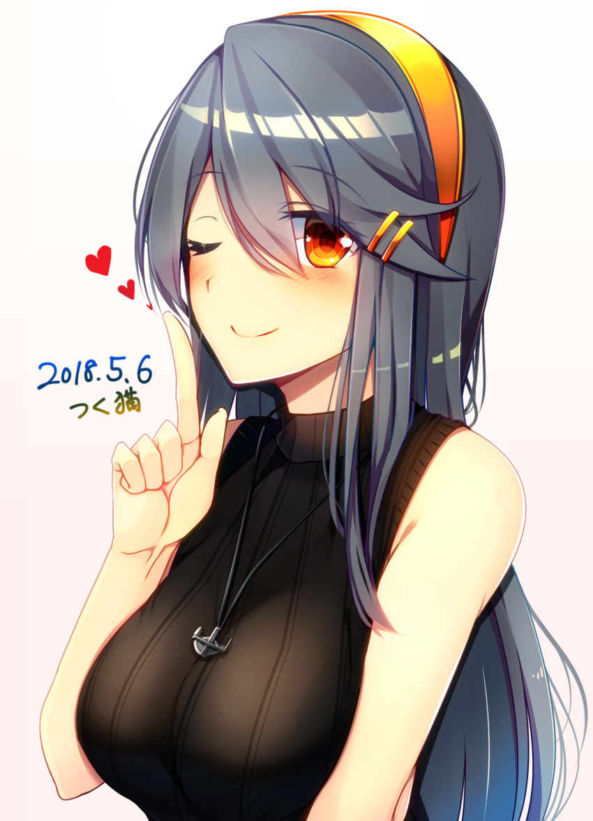 ;) alternate_costume anchor_symbol bangs bare_shoulders black_sweater blush breasts brown_eyes closed_mouth commentary_request dated eyebrows_visible_through_hair eyes_visible_through_hair flying_heart grey_hair hair_ornament hairband hairclip haruna_(kantai_collection) highres index_finger_raised jewelry kantai_collection large_breasts long_hair looking_at_viewer necklace one_eye_closed pink_background ribbed_sweater sidelocks signature simple_background sleeveless sleeveless_turtleneck smile solo sweater sweater_vest swept_bangs tsukui_kachou turtleneck