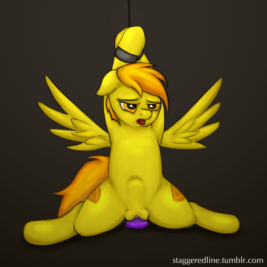 2014 abdominal_bulge amber_eyes arms_tied bound cutie_mark dildo dildo_sitting equine feathered_wings feathers female feral flat_chested friendship_is_magic fur hair half-closed_eyes hi_res mammal masturbation my_little_pony nude open_mouth orange_hair pegasus penetration pussy raised_arm sex_toy solo spitfire_(mlp) staggeredline tongue toying_self vaginal vaginal_masturbation vaginal_penetration wings wonderbolts_(mlp) yellow_feathers yellow_fur