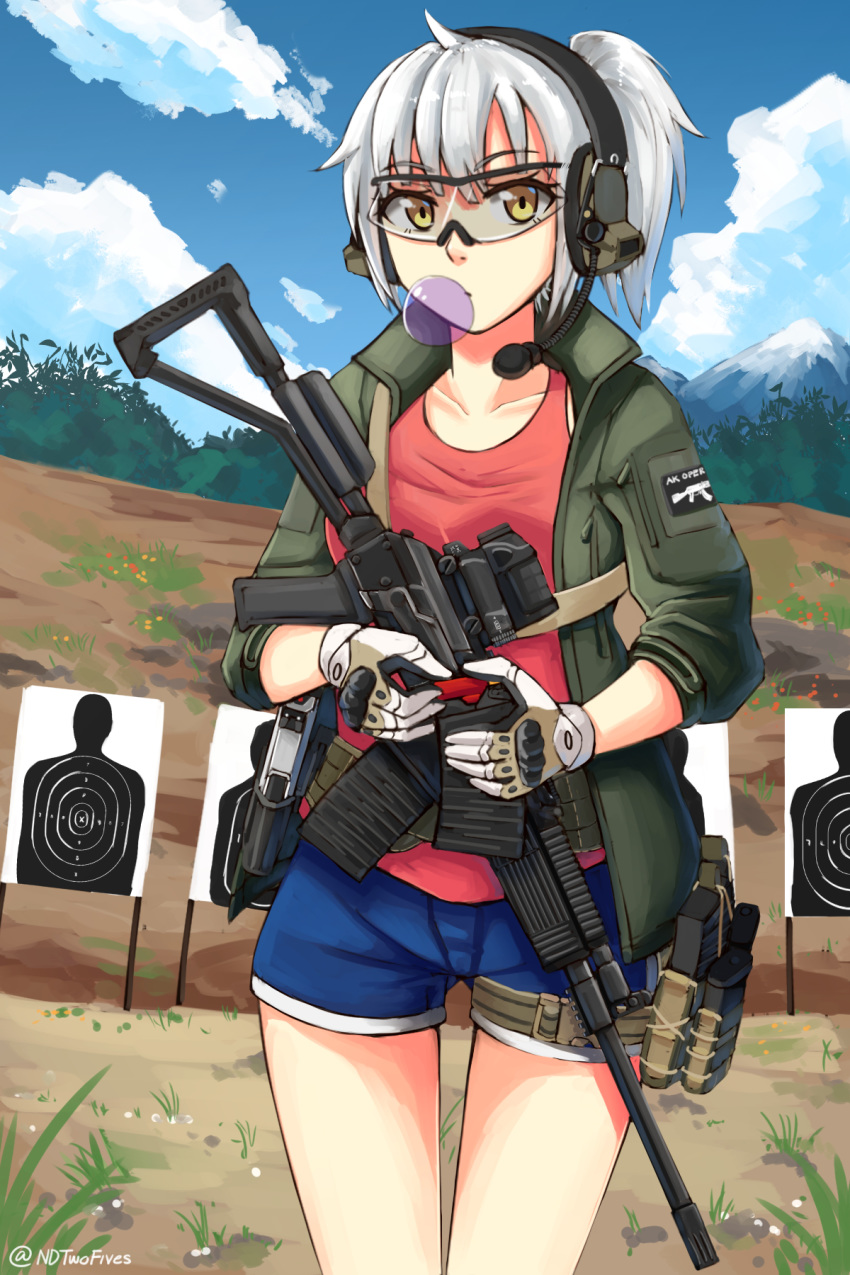 bubble_blowing chewing_gum day gloves gun handgun headset highres holding holding_gun holding_weapon holster holstered_weapon jacket ndtwofives original outdoors pistol ponytail saiga-12 shooting_glasses short_shorts shorts shotgun shotgun_shells sky target twitter_username weapon white_hair