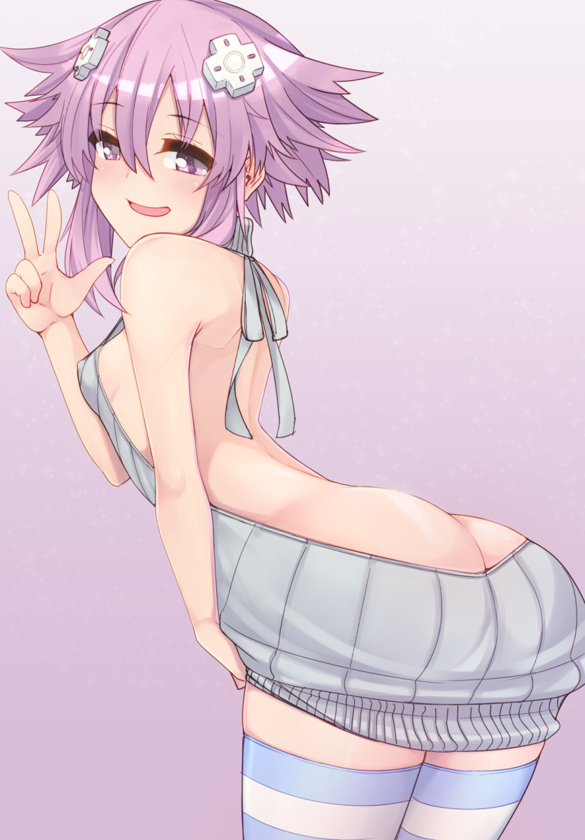 1girl ass backless_dress backless_outfit bare_back bare_shoulders blush breasts butt_crack d-pad d-pad_hair_ornament dress dura grey_sweater hair_ornament halterneck highres huge_ass looking_at_viewer meme_attire naked_sweater narrow_waist neptune_(neptune_series) neptune_(series) open_mouth purple_eyes purple_hair ribbed_sweater short_hair sideboob sleeveless sleeveless_turtleneck small_breasts smile solo sweater sweater_dress turtleneck turtleneck_sweater virgin_killer_sweater wardrobe_error wide_hips