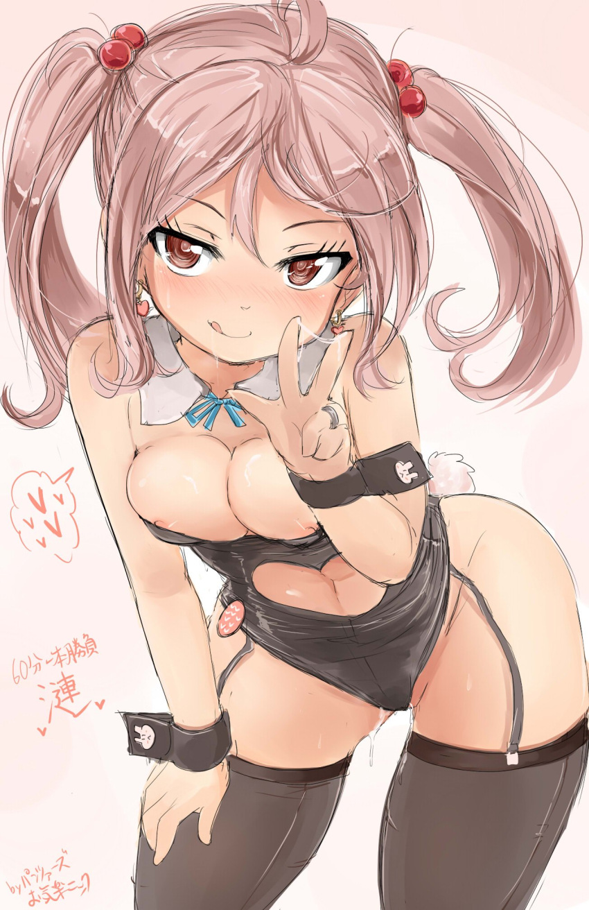 1girl :q artist_name black_legwear breasts breasts_out bunny_tail cleavage detached_collar drooling earrings female garter_straps hair_beads hair_ornament heart heart_earrings highres kantai_collection leotard looking_at_viewer medium_breasts navel navel_cutout nipples okiraku_nikku pussy_juice saliva sazanami_(kantai_collection) solo tail thighhighs tongue tongue_out twintails wrist_cuffs