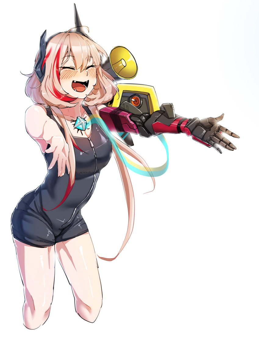absurdres bangs bare_arms bare_legs blush breasts eyebrows_visible_through_hair eyes_closed girls_frontline hair_between_eyes headgear highres long_hair m4_sopmod_ii_(girls_frontline) mechanical_arm megaphone mod3_(girls_frontline) multicolored_hair open_mouth outstretched_arms pink_hair red_eyes red_hair ro635_(dinergate) sd_bigpie small_breasts smile streaked_hair swimsuit thighs