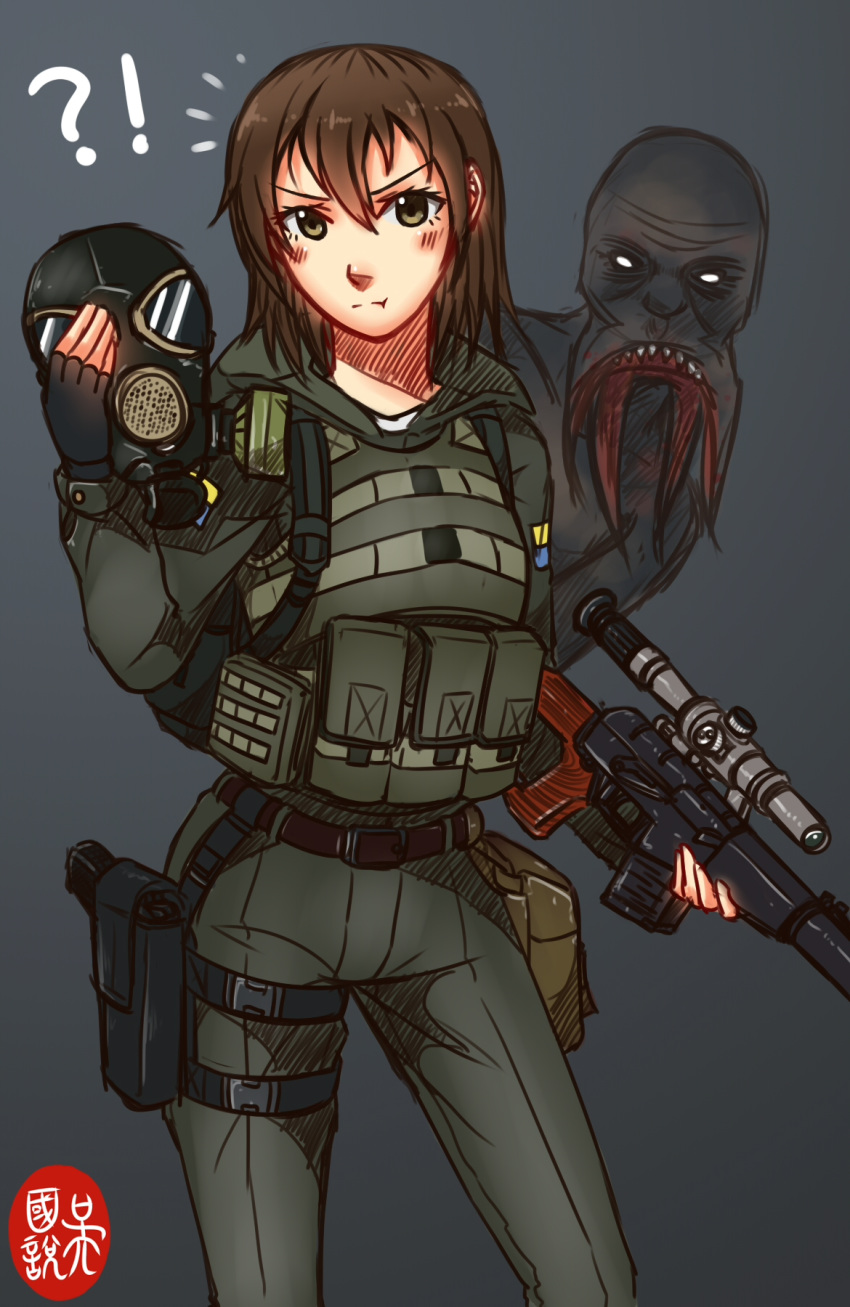 :t bloodsucker brown_hair can't_be_this_cute fingerless_gloves gas_mask gloves green_eyes gun handgun highres holding holding_gun holding_weapon holster holstered_weapon load_bearing_vest monster ndtwofives pistol rifle short_hair simple_background sniper_rifle stalker_(game) vss_vintorez weapon