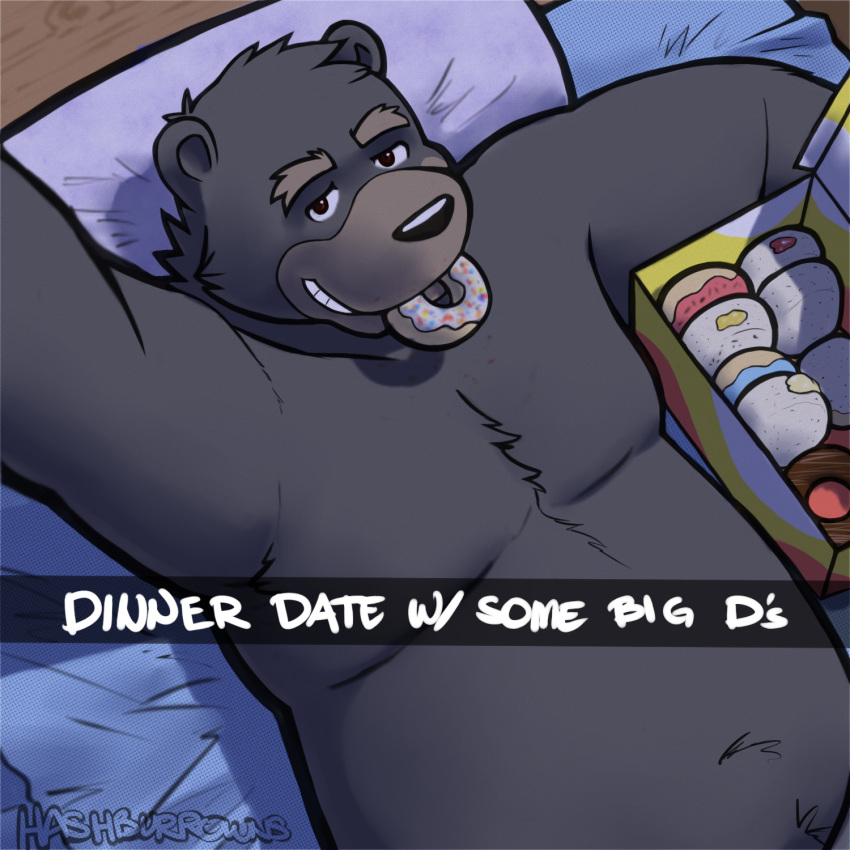 2015 anthro bear bed belly black_nose brown_eyes cheek_tuft chest_tuft doughnut english_text eyebrows food fur grey_fur head_tuft hi_res inside lazycookieburr looking_at_viewer lying male mammal neck_tuft nude overweight pillow raised_arm selfie signature smile solo teeth text thick_eyebrows tuft