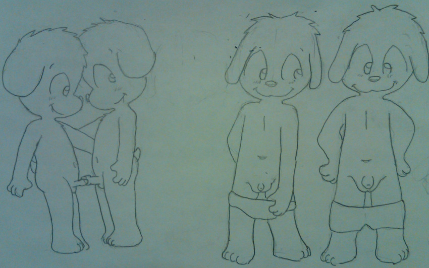 anthro bosky canine child clothed clothing cub cute erection male male/male mammal monochrome pants_down partially_clothed penis simple_background topless young