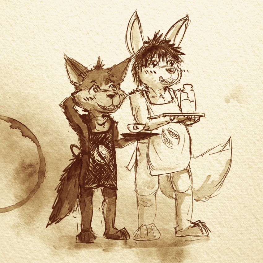 anthro apron barefoot beverage blush canine clothing coffee cub dakka dakkawolf fox hybrid lagomorph male mammal milk naked_apron rabbit wolf young