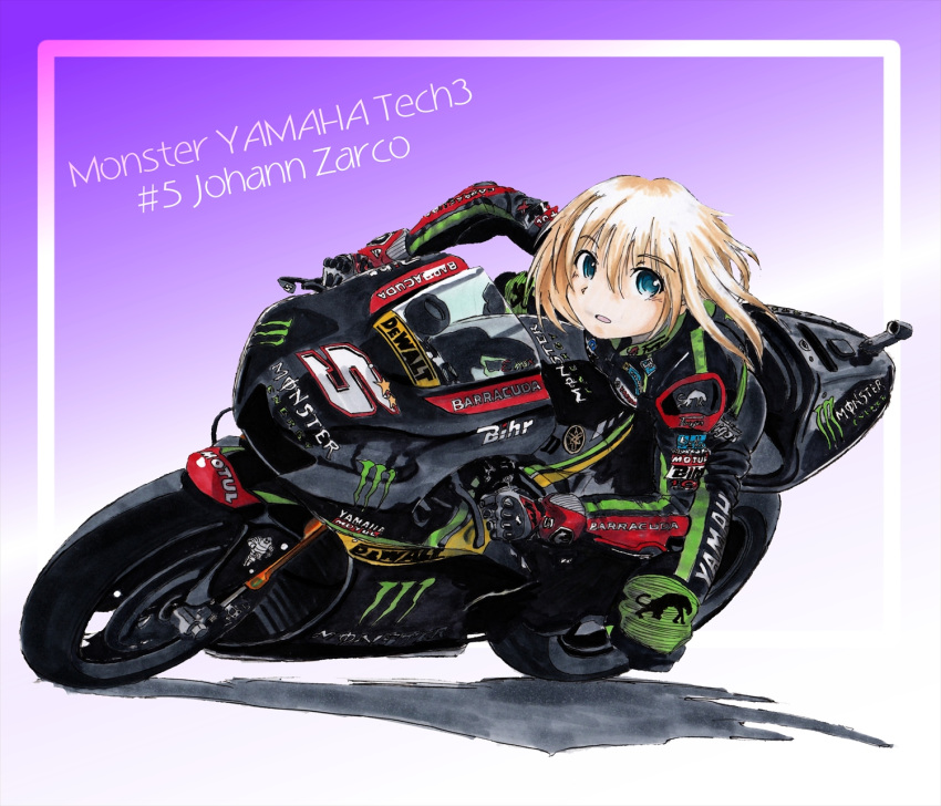 aqua_eyes bibendum biker_clothes bikesuit blonde_hair blue_background breasts camera commentary_request elbow_pads eyebrows_visible_through_hair gradient gradient_background ground_vehicle highres knee_pads leaning_forward logo looking_at_viewer marker_(medium) michelin monster_energy moto_gp motor_vehicle motorcycle motul_(company) nib_pen_(medium) nishimiya_makoto on_motorcycle open_mouth original product_placement purple_background riding shadow short_hair small_breasts solo traditional_media white_background yamaha yamaha_yzr-m1