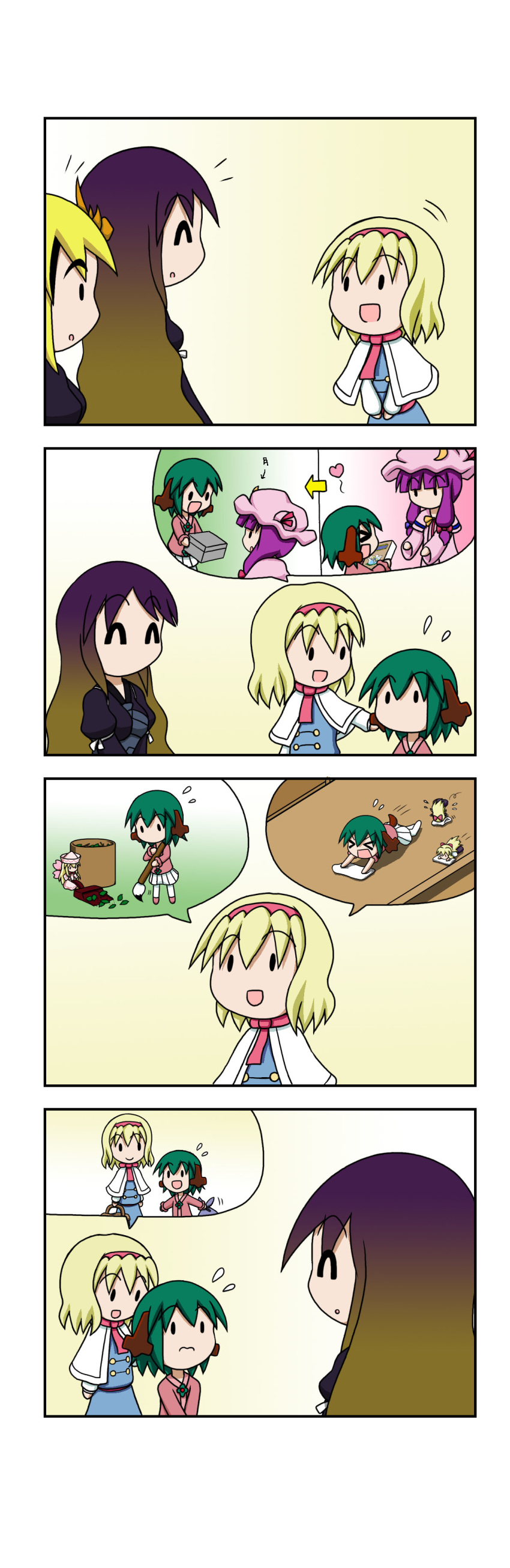 &gt;_&lt; 4koma 5girls :d :o ^_^ absurdres alice_margatroid animal_ears bangs basket blonde_hair blunt_bangs book box brush capelet cleaning closed_eyes cloth comic cowboy_shot double_bun dress dustpan eyebrows_visible_through_hair facing_another falling flying_sweatdrops gradient_hair green_hair hair_between_eyes hairband hat hat_ribbon heart highres hijiri_byakuren kasodani_kyouko layered_dress leaf lily_white lolita_hairband long_hair long_sleeves looking_at_another mob_cap multicolored_hair multiple_girls open_mouth patchouli_knowledge pleated_skirt purple_hair rakugaki-biyori ribbon robe running shanghai_doll short_hair short_sleeves silent_comic skirt smile solid_oval_eyes spoken_person sweeping tail toramaru_shou touhou trash_can upper_body v_arms veranda white_skirt