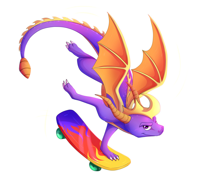 2017 alpha_channel claws digital_media_(artwork) dragon horn icelectricspyro membranous_wings purple_eyes purple_scales scales scalie simple_background skate_board smile spines spyro spyro_the_dragon transparent_background video_games western_dragon wings