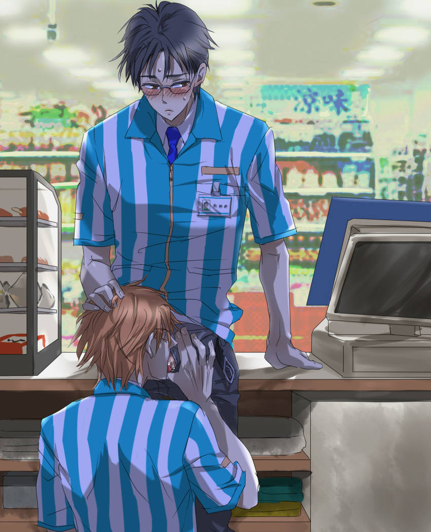 2boys black_hair blush cashier convenience_store dark_hair fellatio food glasses light_hair male male_focus multiple_boys orange_hair public public_sex sex striped_shirt sweat yaoi