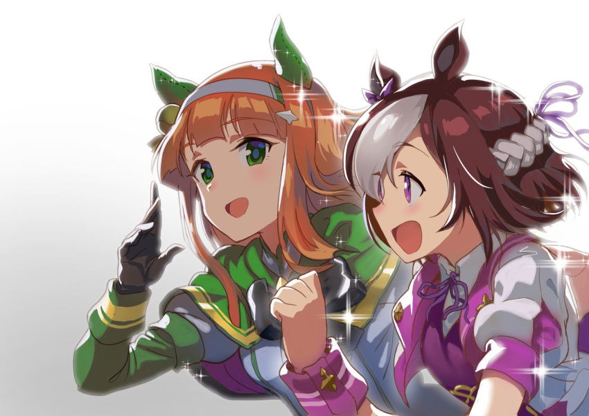 :d andou_shuuki animal_ears black_gloves braid brown_hair capelet commentary_request ear_covers french_braid from_side gloves green_eyes hairband half_updo highres horse_ears horse_girl long_hair multicolored_hair multiple_girls open_mouth orange_hair profile purple_eyes running school_uniform short_hair silence_suzuka simple_background smile sparkle special_week two-tone_hair umamusume upper_body white_background