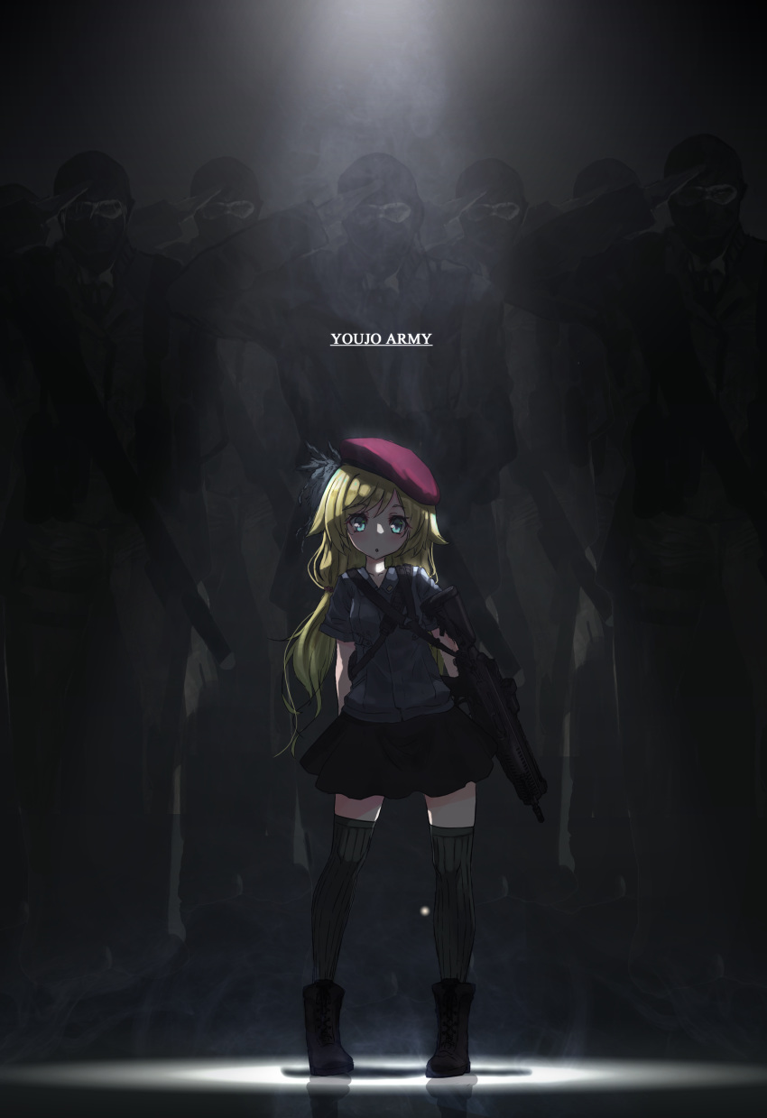 6+boys absurdres arx-160 beret blonde_hair blue_eyes blush boots commentary_request full_body gun hat highres holding holding_gun holding_weapon long_hair looking_at_viewer mask military multiple_boys oota_youjo original parted_lips salute standing thighhighs weapon zettai_ryouiki