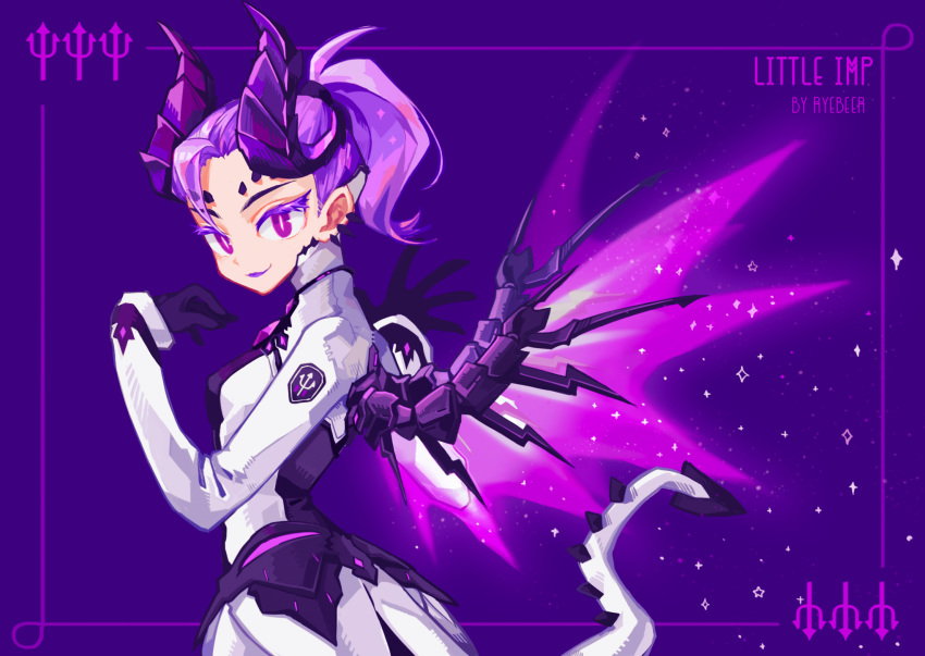 alternate_costume bodysuit breasts commentary dark_persona demon_horns ear_piercing english_commentary faulds highres horns imp_mercy lipstick looking_at_viewer makeup mechanical_wings mercy_(overwatch) overwatch piercing purple_eyes purple_hair purple_lipstick purple_wings rye-beer short_ponytail small_breasts solo wings