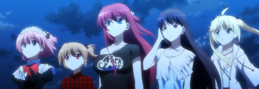 black_hair blonde_hair blue_eyes brown_hair grisaia_(series) highres irisu_makina komine_sachi matsushima_michiru multiple_girls outdoors pink_hair purple_eyes red_eyes red_hair sakaki_yumiko screencap stitched suou_amane third-party_edit