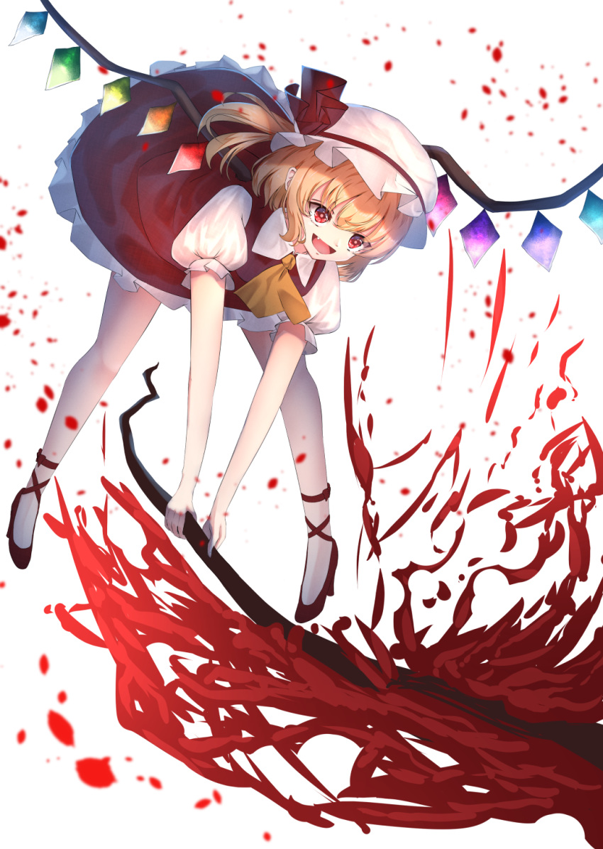 ascot blonde_hair bow cacao_devil commentary_request crystal flandre_scarlet hat hat_bow hat_ribbon highres holding laevatein mob_cap open_mouth puffy_short_sleeves puffy_sleeves red_eyes red_skirt red_vest ribbon shirt short_hair short_sleeves skirt skirt_set touhou vest white_shirt wings yellow_neckwear