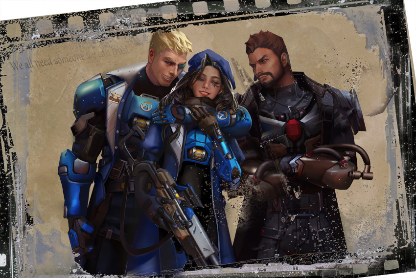 2boys ana_(overwatch) beret black_eyes black_hair blonde_hair blue_eyes brown_hair cowboy_shot crossed_arms dark_skin facial_hair facial_mark facial_tattoo gun hat highres holding holding_weapon hug long_hair looking_at_another looking_at_viewer mask multiple_boys overwatch parted_lips photo_(object) power_armor reaper_(overwatch) rifle short_hair smile sniper_rifle soldier:_76_(overwatch) standing tattoo teeth vikiye visor weapon younger