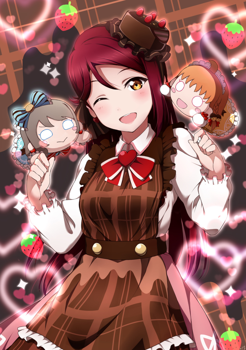 :&gt; :d ;d ahoge apron blue_bow blush blush_stickers bow bowtie brown_apron brown_eyes brown_hat cake_hat character_doll clenched_hands collared_shirt earrings food frilled_hat frilled_sleeves frills fruit grey_hair hair_bow hands_up hat highres jewelry long_hair long_sleeves looking_at_viewer love_live! love_live!_sunshine!! maid_headdress nesoberi o_o one_eye_closed open_mouth orange_hair pink_skirt plaid plaid_apron red_hair red_neckwear sakurauchi_riko shiimai shirt skirt smile solo sparkle strawberry striped striped_bow takami_chika watanabe_you white_shirt