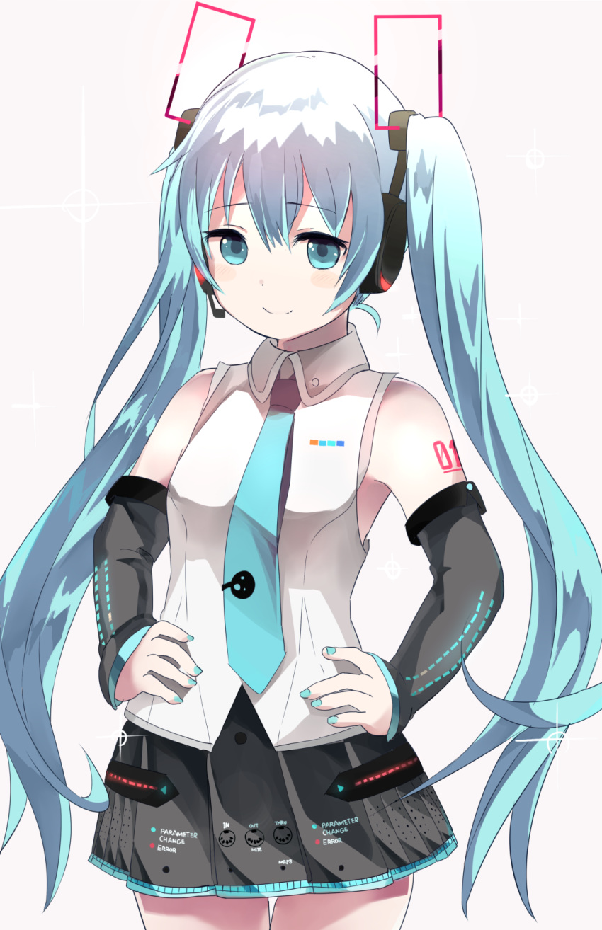 arm_tattoo bangs bare_shoulders black_skirt blue_eyes blue_hair blue_nails blue_neckwear blush breasts closed_mouth clothes_writing collared_shirt cowboy_shot detached_sleeves eyebrows eyebrows_visible_through_hair fingernails hair_between_eyes hands_on_hips hatsune_miku headset highres long_hair long_sleeves looking_at_viewer medium_breasts microphone miniskirt nail_polish necktie number number_tattoo pleated_skirt samidare shirt skirt sleeveless sleeveless_shirt sleeves_past_wrists smile solo sparkle standing tattoo thigh_gap twintails very_long_hair vocaloid white_shirt