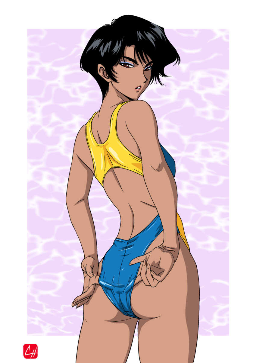 adjusting_clothes adjusting_swimsuit artist_logo ass back backless_outfit black_hair brown_eyes chris_re5 competition_swimsuit cowboy_shot crotch_seam dark_skin disdain eyeshadow from_behind golden_boy hayamizu_ayuko highres looking_at_viewer looking_back makeup one-piece_swimsuit parted_lips pink_background short_hair solo swimsuit v-shaped_eyebrows very_short_hair