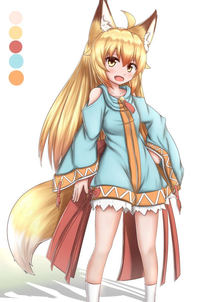 :d animal_ears bare_shoulders blonde_hair color_guide dress fang fox_ears fox_girl fox_tail highres horokusa_(korai) korai_(horokusa) long_hair open_mouth original smile tail yellow_eyes zipper