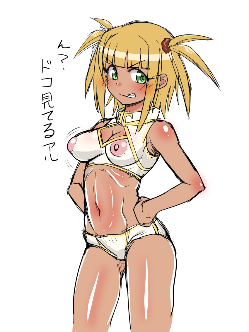 absurdres blonde_hair blush breasts cleavage cleavage_cutout commentary_request dark_skin gokuto-kun_(imakiyo) green_eyes grin hands_on_hips highres kufei mahou_sensei_negima! navel nipples scrunchie see-through short_shorts shorts small_breasts smile solo stomach translation_request two_side_up