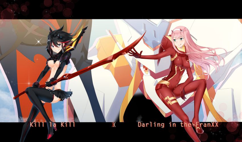 absurdres bangs black_gloves black_hair black_skirt bodysuit boots breasts cen_(cenll) company_connection darling_in_the_franxx eyebrows_visible_through_hair gloves green_eyes hair_between_eyes hairband high_heel_boots high_heels highres holding holding_sword holding_weapon horns kill_la_kill matoi_ryuuko medium_breasts microskirt miniskirt multicolored_hair multiple_girls pink_hair red_bodysuit red_horns scissor_blade senketsu short_hair skin_tight skirt smile streaked_hair strelizia suspenders sword thigh_boots thighhighs tongue tongue_out trigger_(company) two-tone_hair underboob weapon white_hairband zero_two_(darling_in_the_franxx)