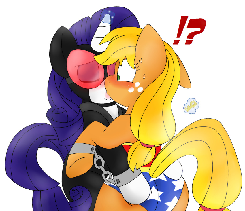 ?! applejack_(mlp) blackbewhite2k7 blonde_hair blush catwoman clothed clothed_feral clothing cosplay duo earth_pony equine eyes_closed female female/female feral freckles friendship_is_magic hair hand_on_butt handcuffs horn horse kissing magic mammal my_little_pony pony purple_hair rarity_(mlp) shackles simple_background surprise sweat unicorn white_background wide_eyed wonder_woman