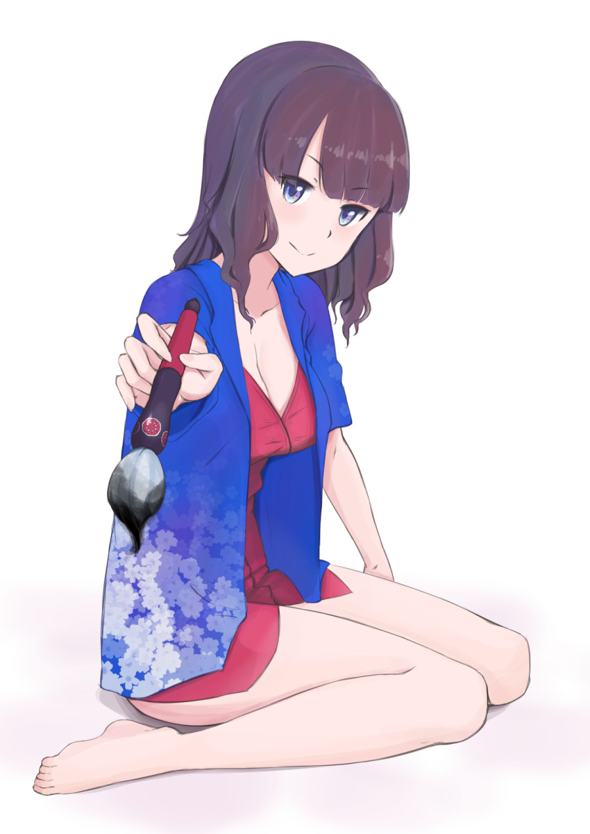 bad_id bad_pixiv_id bare_legs barefoot blue_eyes blush breasts brown_hair calligraphy_brush cleavage closed_mouth collarbone commentary_request dress fate/grand_order fate_(series) floral_print highres holding holding_paintbrush jilu katsushika_hokusai_(fate/grand_order) leaning_forward long_hair looking_at_viewer medium_breasts paintbrush red_dress sitting smile solo wariza white_background