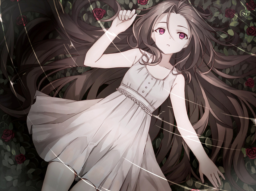 :o akami_fumio bad_id bad_pixiv_id bare_arms brown_hair cowboy_shot dress dutch_angle expressionless flower highres long_hair looking_up lying on_back open_mouth original pink_eyes plant red_flower red_rose rose sleeveless sleeveless_dress solo very_long_hair white_dress