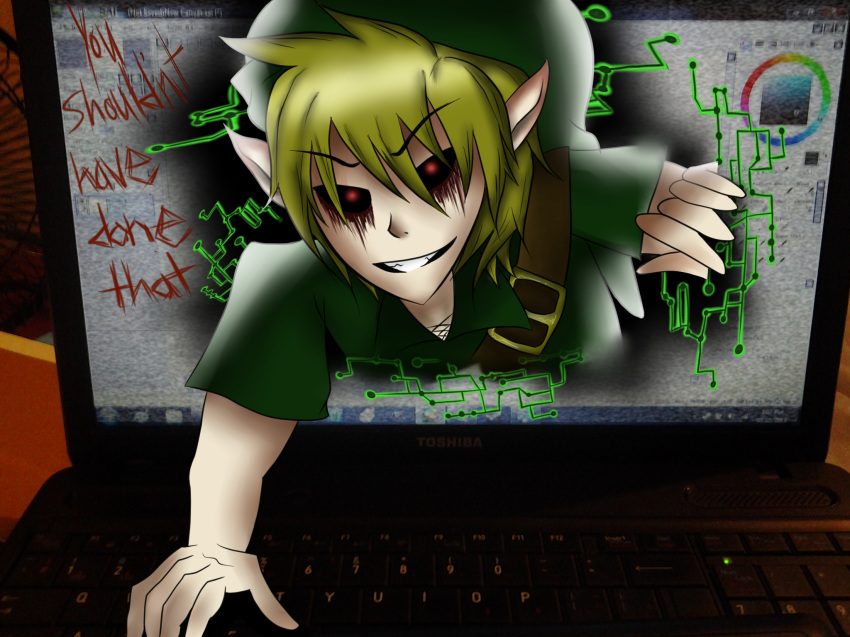 4:3 abundant-chaos ben_drowned blonde_hair blood breaking_the_fourth_wall computer corrupt creepy creepypasta edit elf glitchy green_headwear hair humanoid laptop link male microsoft_windows mixed_media monstrous_humanoid nintendo not_furry paint_tool_sai real shopped solo the_legend_of_zelda video_games