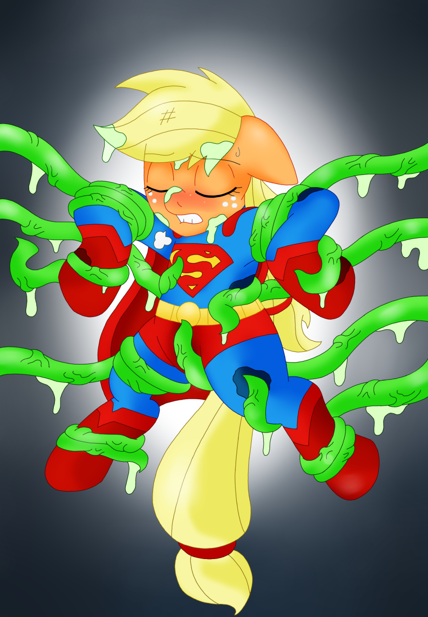 applejack_(mlp) blackbewhite2k7 blonde_hair blush bound cape clothing cosplay crossover dc_comics earth_pony equine eyes_closed female forced freckles friendship_is_magic hair hi_res horse mammal my_little_pony pony rape solo superman tentacles