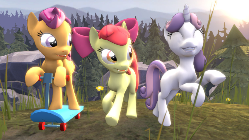 16:9 3d_(artwork) amber_eyes apple_bloom_(mlp) cub cute cutie_mark_crusaders_(mlp) digital_media_(artwork) earth_pony equine eyes_closed feathered_wings feathers female feral friendship_is_magic garry's_mod group hair horn horse mammal multicolored_hair my_little_pony mynokiarules nude orange_feathers outside pegasus pony purple_eyes purple_hair red_hair scootaloo_(mlp) scooter smile sweetie_belle_(mlp) tree two_tone_hair unicorn wings young