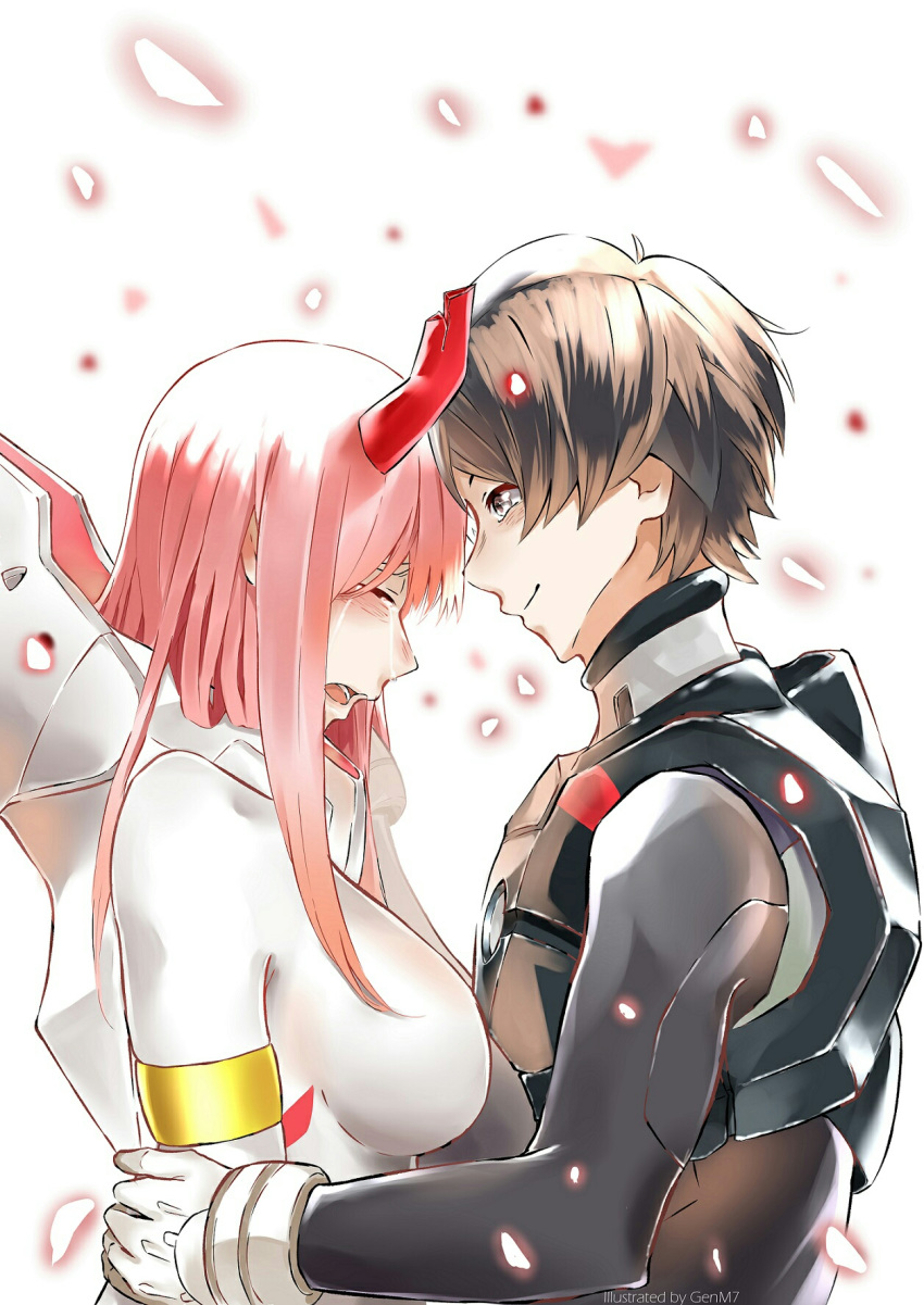 1girl asymmetrical_horns bangs black_bodysuit black_hair bodysuit breasts closed_eyes commentary couple crying darling_in_the_franxx forehead-to-forehead genm7 gloves hetero highres hiro_(darling_in_the_franxx) horn large_breasts long_hair looking_at_another oni_horn pilot_suit pink_hair red_horns white_bodysuit white_gloves zero_two_(darling_in_the_franxx)