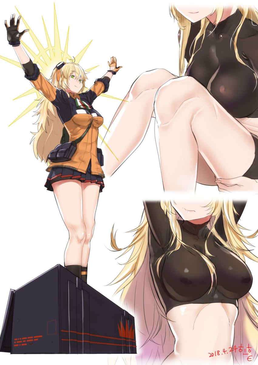 3: \o/ arms_up artist_name artist_request between_breasts bike_shorts black_legwear blonde_hair breasts collage crop_top dark_souls dated girls_frontline gloves green_eyes highres impossible_clothes impossible_shirt italian_flag long_hair medium_breasts miniskirt multiple_views outstretched_arms outstretched_hand pleated_skirt praise_the_sun s.a.t.8_(girls_frontline) shirt skirt smile socks souls_(from_software) standing strap_cleavage